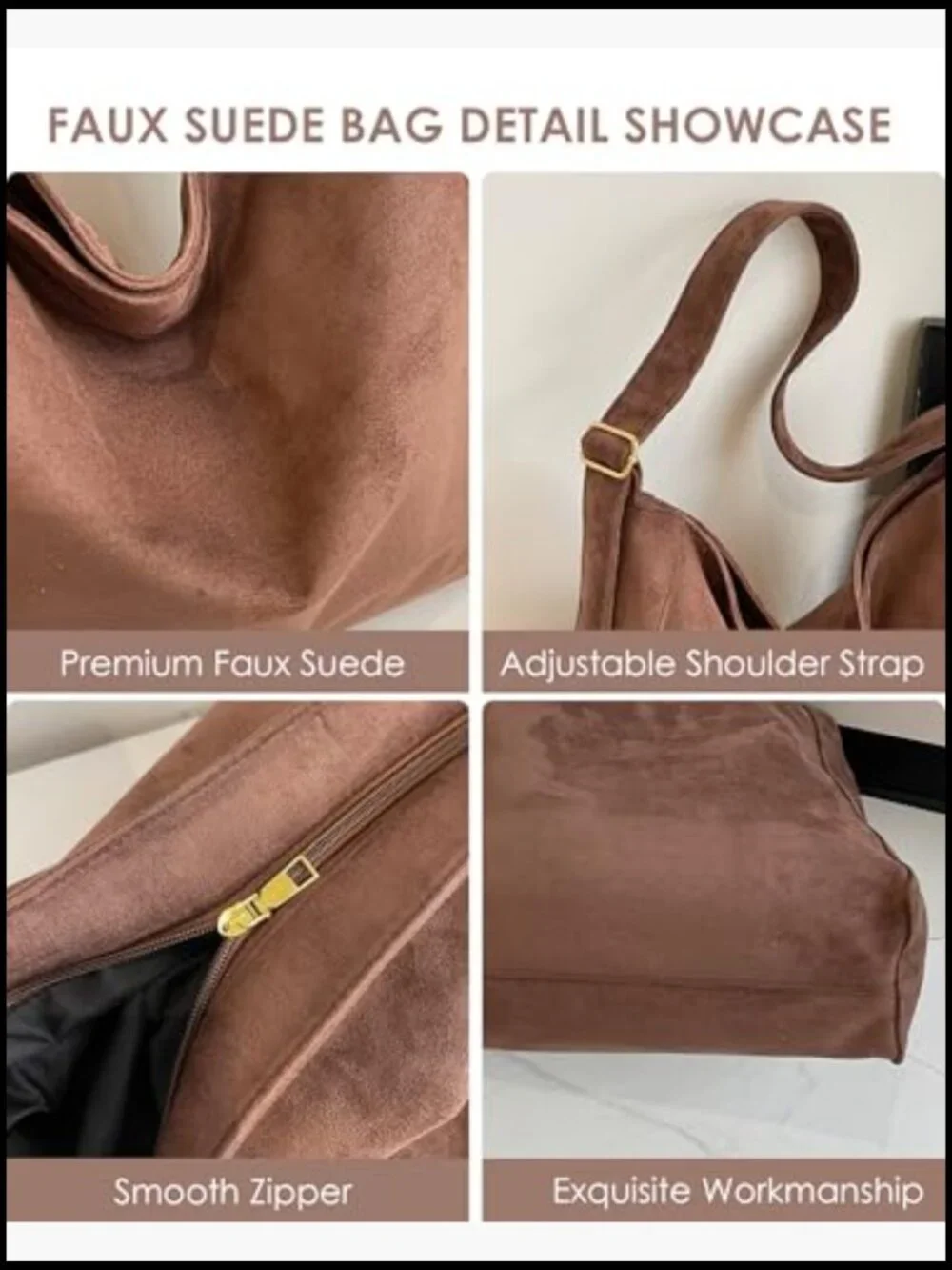 Faux Suede Tote Bag Slouchy Hobo Shoulder Crossbody Purse Large Lightweight